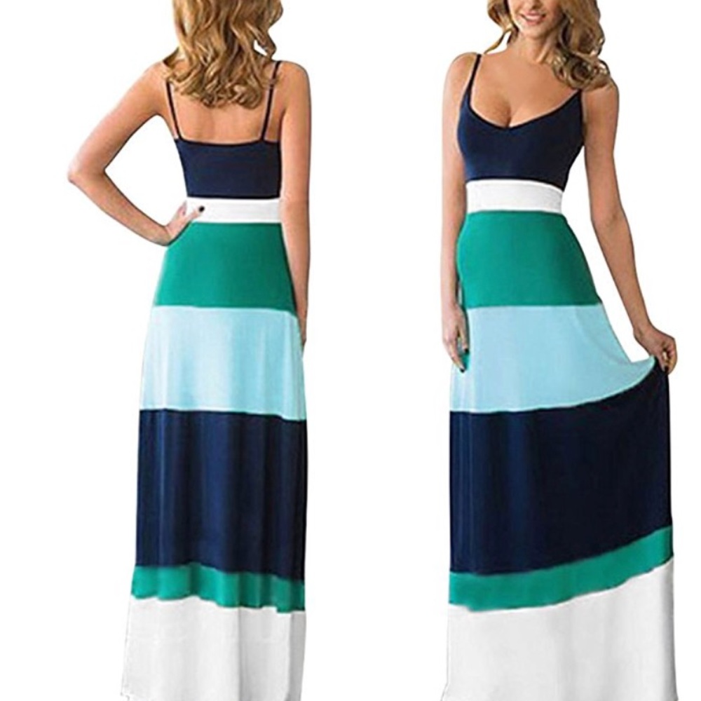 Tenworld Blue White Striped Long Maxi Summer Vacation Dress